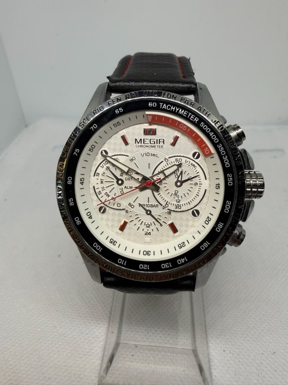 Megir 1010 Men White Dial Red Accent Chronograph Black Tachymeter Quartz Watch